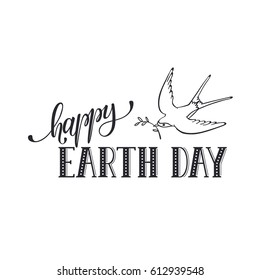 Earth day text with swallow flying isolated on white  background.
