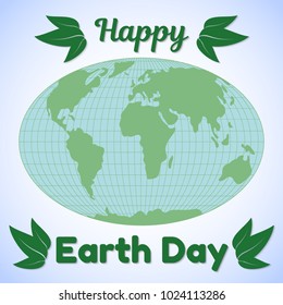 Earth Day theme greeting card or banner. World map, greeting inscription and green leaves. Ecology concept. Vector illustration