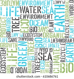 Earth day themed seamless background. Green and blue colors. Pattern composed from words Earth, Sea, Eco, Organic, Plant, etc...