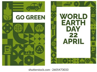 Earth Day themed vector poster promoting sustainability with green eco icons. Includes messages about going green and protecting nature. Vector illustration.