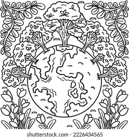 Earth Day Trees Crowning Earth Coloring Page