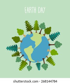 earth day. Earth with trees.   Vector geometric trees and grass silhouettes