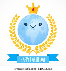 Earth Day vector background. Cartoon globe with golden crown and laurel wreath. Cute cheerful smiling planet. Illustration for April 22 celebration. Support for environmental protection, ecology theme