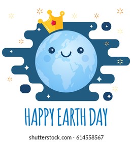 Earth Day vector background. Cartoon globe with golden crown and stars. Cute cheerful smiling planet. Illustration for April 22 celebration. Support for environmental protection, ecology theme