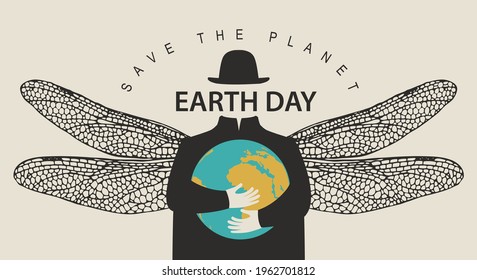 Earth day. Vector banner on the theme of environmental protection. Creative illustration with planet Earth in the hands of a mysterious creature with dragonfly wings, without a face, but wearing a hat