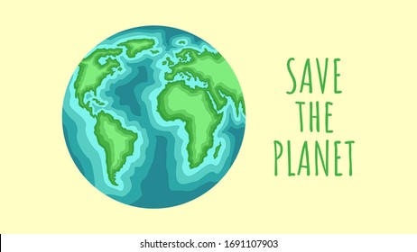 Earth day vector banner. Planets in the style of paper art, flat. The inscription save the planet. Concept, ecology, planet health.