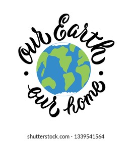 Earth Day. Vector calligraphy, hand lettering with planet. Eco friendly concept.  World environment day. Save the earth. Save the planet. Save the world together.