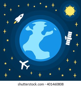 Earth day vector cartoon card, holiday poster in flat design on space background with stars Vector illustration of earth globe and flat signs rocket, plane and satellite in-orbit