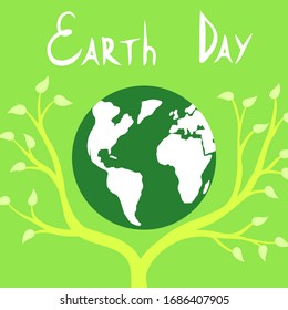Earth Day. Vector cartoon Illustration. Ecology. Earth among growing tree.
