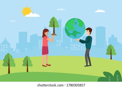 Concepto de vector ecológico: pareja intercambiando semilla de árbol e icono del planeta Tierra