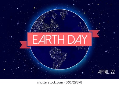 Earth Day Vector Cosmology Illustration with Universe, Galaxy, Sun, Planets and Stars. Can be used for Invitation or Booklet. Futuristic view with Depth and Space Background