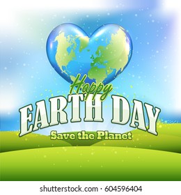 Earth Day Vector Design, Spring Concept Landscape with Heart Style World Map