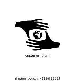 Earth day, vector emblem. Human hands and Earth globe. Earth protection theme.