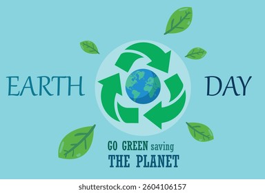 Earth Day vector featuring a recycling symbol around the globe, leaves, and text. Perfect for eco campaigns, social media, or educational designs. Vibrant teal palette. Great for sustainability!
