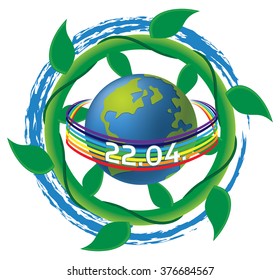 Earth Day vector illustration - 22nd of April, with ocean wave and plant (vegetation) swirls, and peace rainbow.