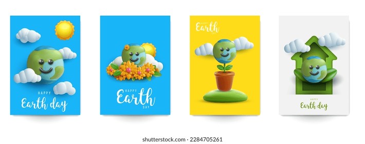 Earth day vector illustration in cartoon 3d style. Set realistic funny concept design for cover, poster, card, flyer. Bright minimal child composition art.