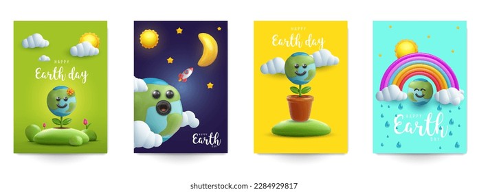 Ilustración vectorial del Día de la Tierra en el estilo 3d de la caricatura. Establece un diseño de concepto divertido realista para portada, afiche, tarjeta, volante. Mínimo luminoso de la composición de los niños, art.