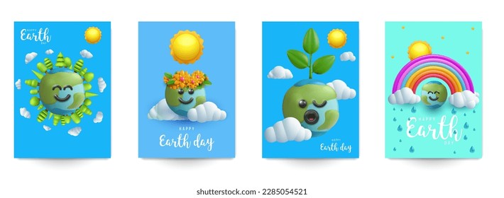 Earth day vector illustration in cartoon 3d style. Set realistic funny concept design for cover, poster, card, flyer. Bright minimal child composition art.