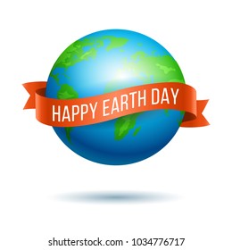 Earth Day. Vector illustration of globe planet with red ribbon