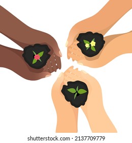 Earth day vector illustration. Hand with plant in the ground. EPS 10