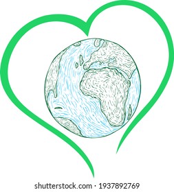 Earth Day, vector illustration of hand-drawn earth strokes with green heart around