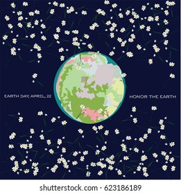 Earth day vector illustration. Image of the globe with falling daisy flowers around on a dark blue background. April 22, Honor the Earth. Daisy flowers or chamomile confetti.