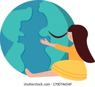 Earth day vector illustration isolated on white background. Girl hugs the planet. Caring and preserving the planet. Flat style. For posters and flyers.