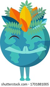 Earth day vector illustration isolated on white background. A planet as a character with a wreath of leaves on his head, his hands folded to each other in a pose of gratitude. Namaste. Style flat.