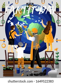 Earth Day! Vector illustration with kids and man stand near Earth planet, caring, drawing and plant flowers. Nature Care and Ecology Protect concept. Character drawing for card, postcard or poster