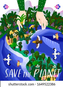 Earth Day! Vector illustration with metaphorical big hand caring about forest, birds and Earth planet. Nature Care and Ecology Protect concept. Drawing for card, postcard or poster