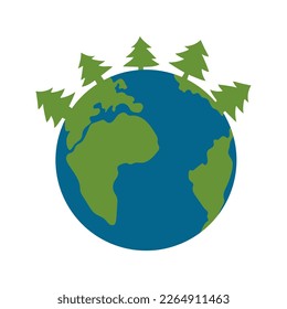 Earth Day, Vektorgrafik. Planet der Erde mit grünen Bäumen. Internationaler Tag der Wälder. Ein Umweltproblem. Klimawandel, Weltverschmutzung. Earth Day Naturkonzept, Waldtag. 