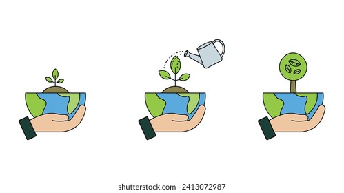 Earth Day. Vector illustration of plant growth process. Plant care. Experiment. Protect nature. Gardening. Bio, ecology, clean air. Garbage recycling. Conservation of resources.EPS10
