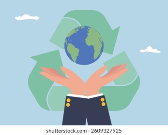 Earth day vector Illustration save the Planet. Concept Environment protection, sustainability, Ecology problem. Hand hold globe with reduce reuse recycle icon flat design.