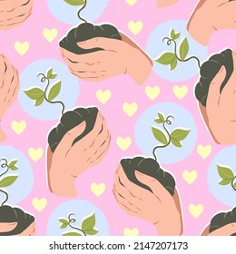 Earth Day. Vector illustration. Seamless Pattern. Pink background, wallpaper. Sprout plant in hands. Ecology