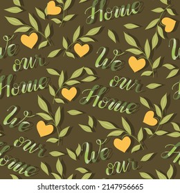 Earth Day. Vector illustration. Seamless Pattern. Dark background, wallpaper. Calligraphy. Lettering, we love our home. Alternative Energy Sources. Ecology.