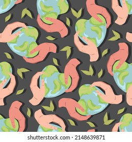 Earth Day. Vector illustration. Seamless Pattern. Dark background, wallpaper. Hands holding the earth. Ecology