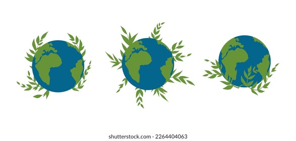 Earth Day vector illustration set. Earth Planet with leafy green branches. An environmental problem. Climate change, world pollution. Earth Day concept set.