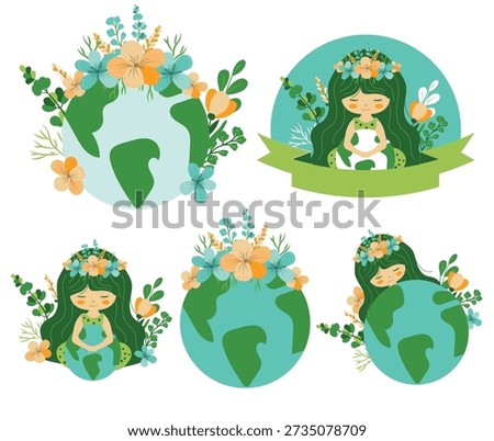 Earth Day vector illustration set with planet globe flowers and Mother Earth character