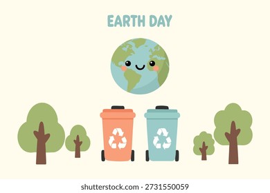 Ilustração vetorial do Dia da Terra com globo sorridente acima de lixeiras e árvores de reciclagem. Estilo de desenho animado plano promovendo a triagem de resíduos, reciclagem e conscientização ambiental.