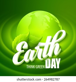 Earth Day. Vector illustration with the words, planets and green leaves EPS 10