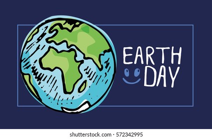 Earth Day. Vector illustration with the words and planet. Hand drawn illustration.