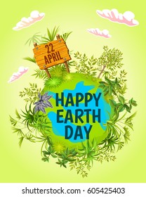 Earth Day. Vector illustration with the words, wooden signboard and green leaves