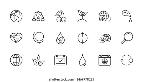 Earth Day Vector Line Icons Set. Editable Stroke. 32x32 Pixel Perfect