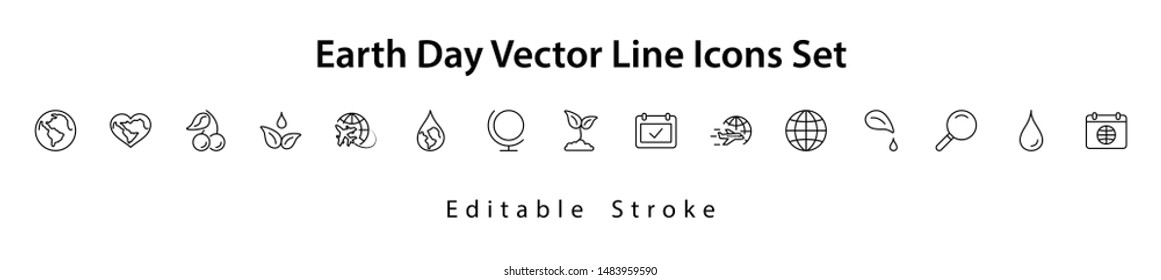 Earth Day Vector Line Icons Set. Editable Stroke. 32x32 Pixel Perfect