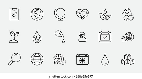 Earth Day Vector Line Icons Set. Editable Stroke. 32x32 Pixels