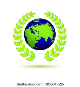 Earth day vector logo. Template realistic illustration with laurel wreath stock element for greeting card design. High quality ecology nature planet home world green blue space icon symbol pictogram.