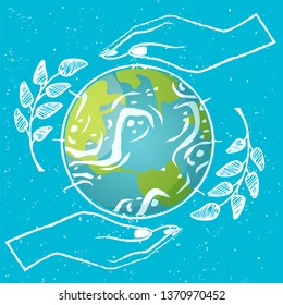 Earth day vector, planet protected by hands of people, conservation of globe flat style. Protection of nature lands and oceans, branches with foliage