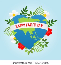 Earth day vector poster earth in heart shape in blue and green colour with leaves and flowers