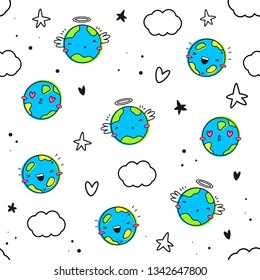 Earth day, vector seamless pattern. Planet in the style of Emoji, kawaii. eps 10.