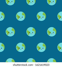 Earth Day, Vector Seamless Pattern. Planet In The Style Of Emoji, Kawaii.
